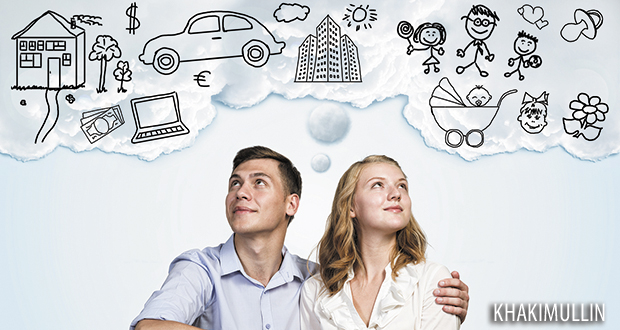 Young happy family couple dreaming of future wealthy life