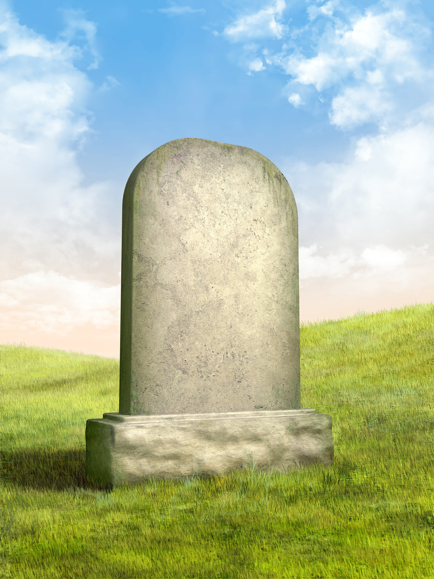 Blank tombstone in a green grass meadow. Digital illustration.